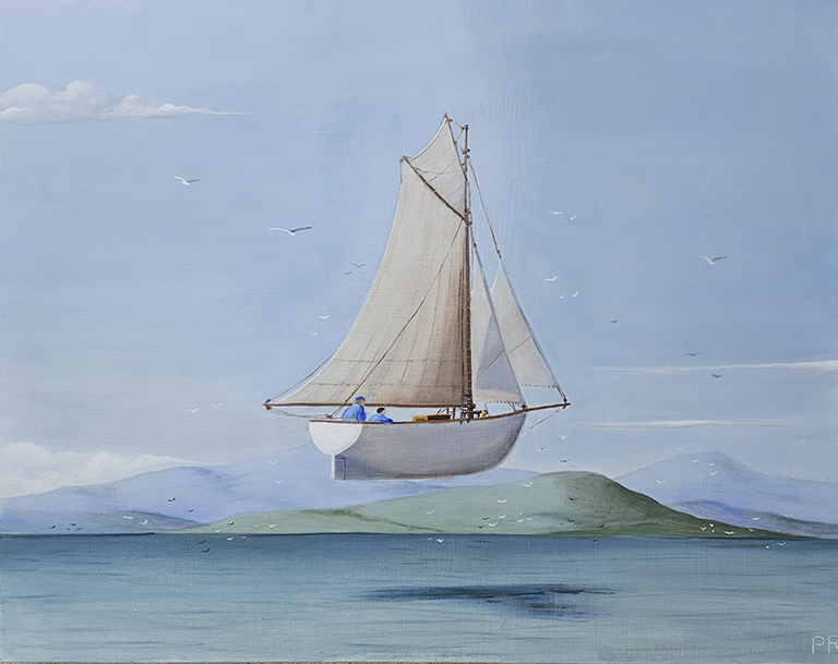 A painting of a sailing boat with two passengers floating calmly in the air, 10 metres above water, going towards an island