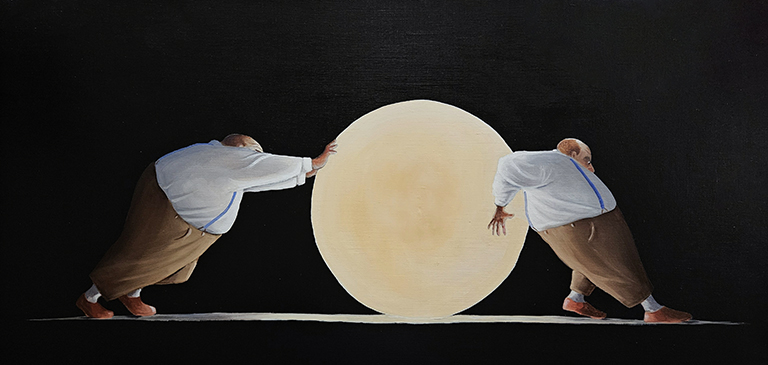 A painting of two men trying to push / pull a giant luminous ball